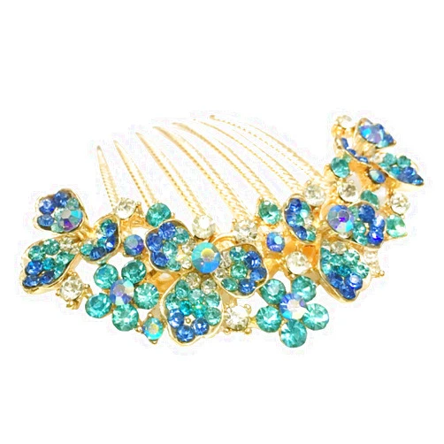 AnVei-Nao Womens Luxury Bohemia Flower Rhinestones Bridal Heavy Hair Combs Accessories Blue