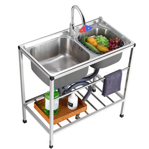 OUFUAMY Free Standing Stainless-Steel Double Bowl Commercial Restaurant Kitchen Sink Set w/Cold Hot Faucet for Farmhouse, Bathroom, Bar, Laundry Room (32.7