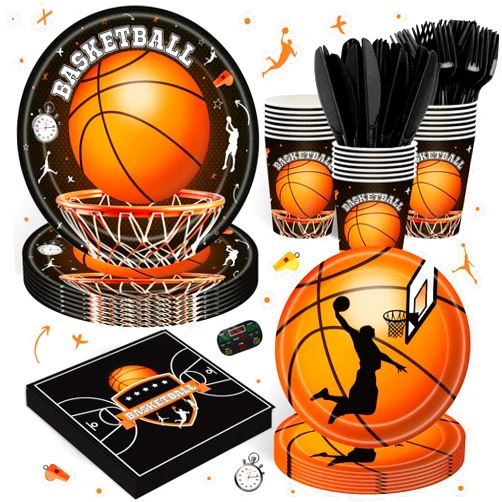 Rejoice Bunny 120PCS Basketball Party Supplies Birthday Party Decorations for Boys Kids Bday Sports Themed Basketball Tableware Set Plates Napkin Cups for 20 Guests