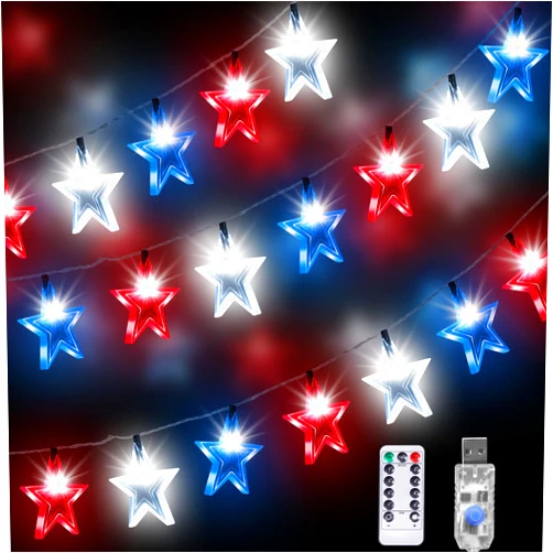 AMIPEPE 4th of July Decorations Star Lights USB Charge, 45FT Red White Blue Lights with 90Led Big Stars, 8 Modes Patriotic Lights Timer Remote for Indoor Outdoor Garden Independence Day Memorial Day Decor