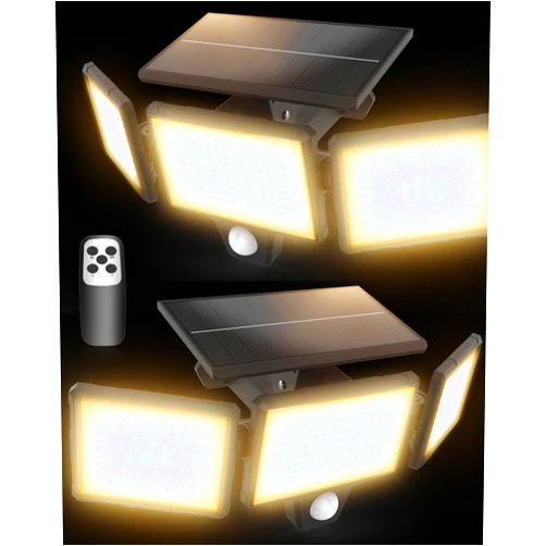 Amiluo Solar Outdoor Lights 304 LED 3000LM Flood Security Lights with Remote, Large Solar Panel Motion Sensor Lights 3 Modes, Waterproof IP67 Solar Wall Lights for Driveway Yard(2 Pack- WarmWhite)