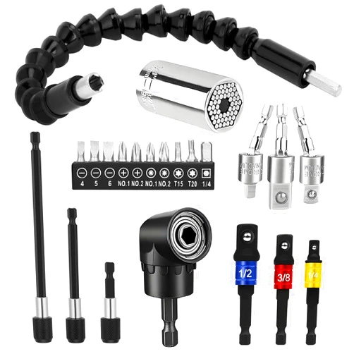 VanHai 22pcs Flexible Drill Bit Extension Set Tool,105° Right Angle Drill Attachment Kit, Universal Impact Driver Adapter, Hex Shank Drill Bit Rotatable Joint Socket 1/4 3/8 1/2