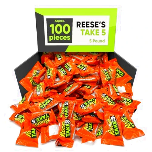 CHAIN & JO SWEETS Reeces Take 5 Candy Bar Snack Size - 1.5 Pounds Approx 100 Pieces Of Crunchy Pretzels - Smooth Peanut Butter - Salty Peanuts & Sweet Caramel All Covered In A Chocolaty Coating - Individually Wrapped - Take Five Candy Bars Snack Size