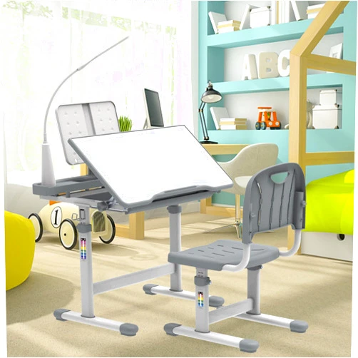 BELANITAS Kids Desk and Chair Set 3-12 Years, Kids School Desk for Kids, Height Adjustable Kids Study Desk with Light, 40-Degree Tiltable Desktop Kid Desk, Space Grey