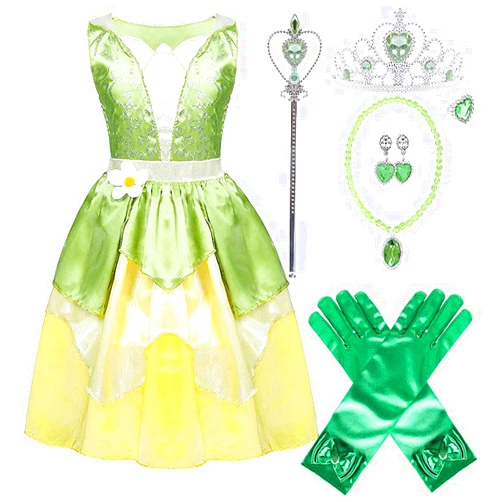Yosbabe Princess Tiana Dress for Girls Green Fairy Frog Birthday Party Fancy Dresses Halloween Elf Costume Outfits with Accessories (2-3T)