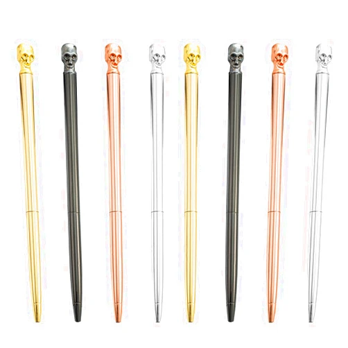 SIPLIV 8 Pieces Metal Ballpoint Pens with Black Ink, Bling Metallic Slim Ballpoint Pens Set Wedding Party Decoration Office School Supplies - Skull Shape