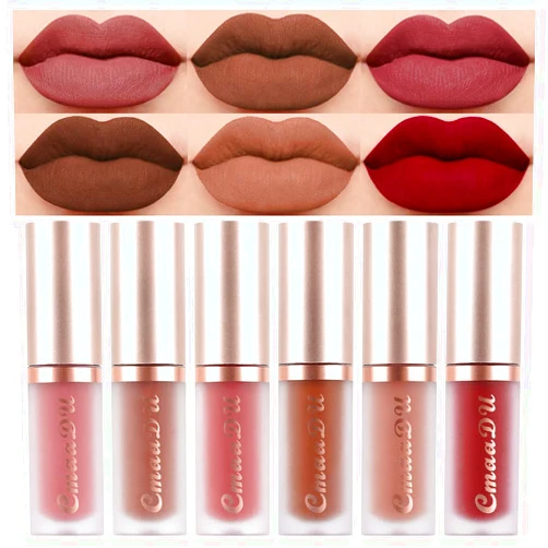 evpct 6Pcs Dark Light Nude Brown Matte Matt Liquid Lipstick Lip Gloss Glossy Set for Black Women, 24 Hour Brown Mauve Red Maroon Silky Velvet Lipstick Lip Liner set labiales matte larga duracion 24