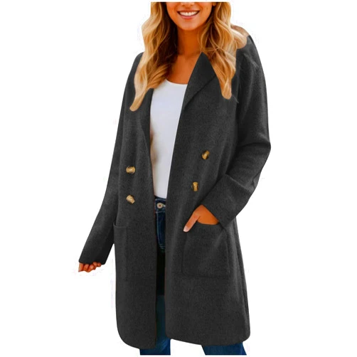 Generic Women's Fashionable All-Match Mid-Length Woolen Coat Double-Breasted Lapel Plus Size Lightweight Fall Outerwear