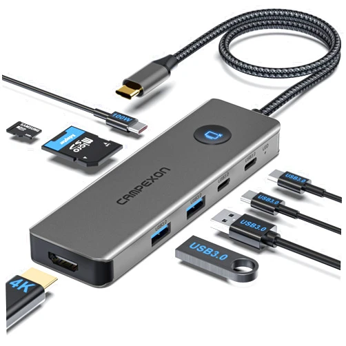 CAMPEXON USB C HUB 8 in 1, USBC HUB Multiport Adapter with 4K HDMI, 5Gbps 2*USB-A 3.0, 2*USB-C 3.0-Data Port, PD 100W & SD/TF Card Reader, Dongle HDMI Adapter for MacBook Pro Air/Laptops/Dell XPS/iPad