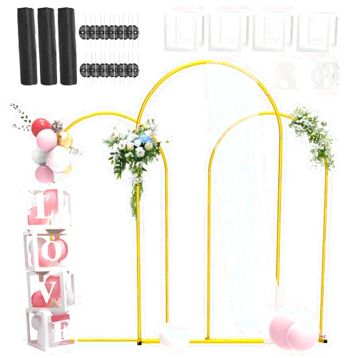 LIFENCE Metal Arch Backdrop Stand ,Set of 3 (7.2 ft/6.6 ft/6 ft) Square Wedding Arch Frame ，Gold Balloon Arch Stand for Wedding/ Birthday Party/ Baby Shower/ Graduation Ceremony Banquet Decoration