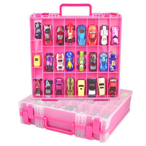 Xuerdon Toy Car Storage Organizer Case Compatible with Hot Wheels/for Matchbox Cars. Display Carrying Container Holder for LOL Surprise Dolls/for Shopkins with 48 Compartments Double Sided-Pink (Box Only)