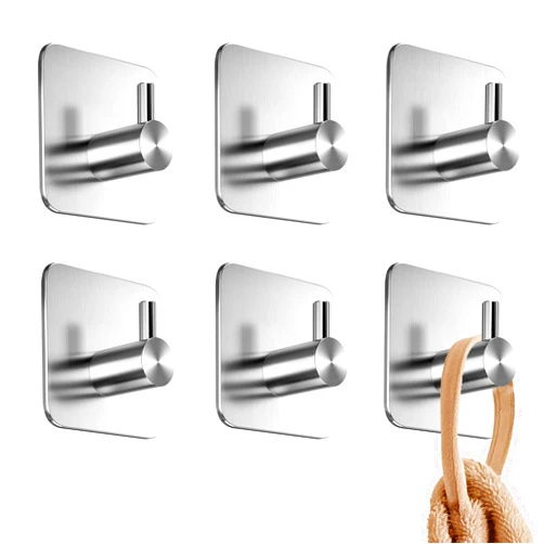 4smile Adhesive Towel Hooks for Bathrooms, Set of 6 - Stainless Steel Self-Adhesive Robe Rack, Durable Adhesive Wall Hooks - Sticky Towel Holder, Peel and Stick Without Drilling