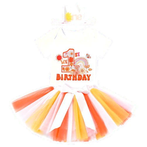 IBTOM CASTLE Baby Girl One Year Old Birthday Floral Lace Party Cake Smash Romper+Tutu Skirt Set+Crown Photo Shoot Clothes