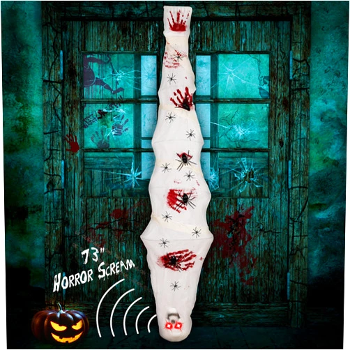 jollylife Halloween Cocoon Corpse Decorations Outdoor: Horror Scream with Lighted LED Eyes - Haunted House Props Creepy Tree Hanging Decor 73 inches（Batteries Not Included）