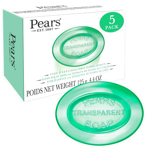 Pears Glycerin Soap, Transparent Green with Lemon Flower Extract, 5-Pack – Pure & Gentle Cleanser for Soft, Glowing Skin, 4.4 Oz Ea