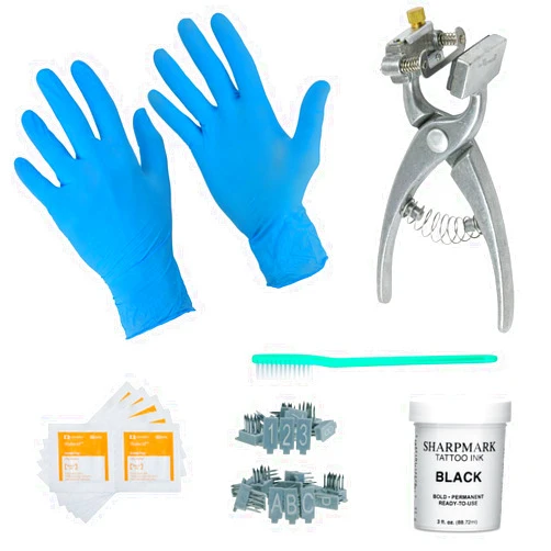 BOCCS Small Animal Complete Tattooing Kit with 0-9 & A-Z, Nitrile gloves, and Ink for Identification of Sheep, Pigs, Goats, Rabbits, and Other Livestock