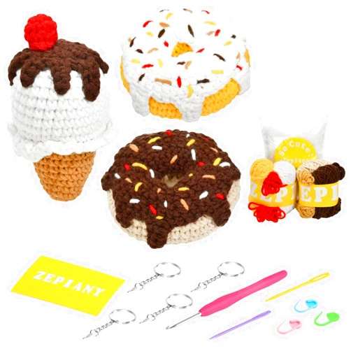 Zepiany Crochet Kit for Beginners - 3Pcs Cute Doughnuts & Ice Cream, Beginner Crochet Knitting Kit Kits for Beginners Adults, Step-by-Step Video Tutorials, Crochet Starter Kit for Beginner
