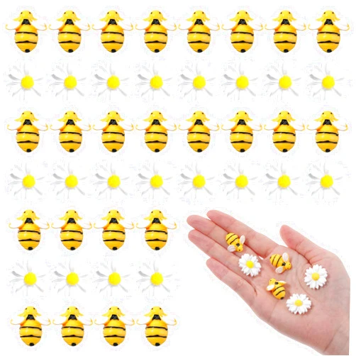 Molain 50Pcs Tiny Bee Daisy Flower Decoration, Resin Cartoon Jewelry Accessories DIY Wreath Cake Deco Flowers Bee for Crafts Scrapbooking Phone Case Hair Accessories Fairy Garden Decor