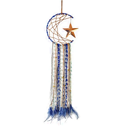 JACOBDA Blue Dream Catcher Handmade Half Circle Moon Design Dream Catcher Feather Hanging with Star Home Decoration Ornament Festival Gift (Moon& Star)
