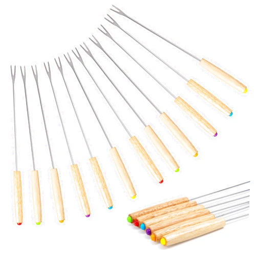 LAweixian 12PCS 9.5 Inch Color-Coded Wood Fondue Forks, Cheese Fondue Fork Stainless Steel Fruit Fondue Cheese with Heat-blocking Handle for Chocolate Fountain Cheese
