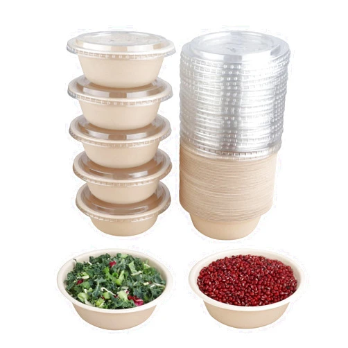 JAYEEY 16 oz Round Disposable salad bowls with lids, Sugarcane Fiber Paper Bowls take away food containers Plant Fibers Freezer Safe 50 Pack