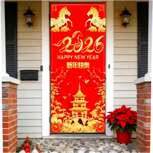 KYMY Chinese New Year Door Cover, 2026 Zodiac Horse Front Door Banner 70.9