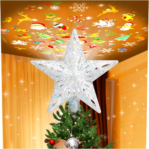 PliMook LED Rotating Tree Topper Light Projector with 6 Slides - Silver Christmas Star for Tree Decorations