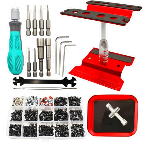 RC Lelut RC Car Repair Work Stand Repair Tool Set 360 Degree Rotation and 523 PCS RC Screws Kit & RC Screwdrivers and Screws Pallet Kit for 1/8 1/10 1/12 1/16 1/18 RC Crawler Car Truck Buggy (Red)