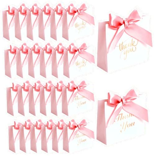 VGOODALL 24PCS Small Thank You Gift Bags, Mini Party Favor Bags Pink Candy Bags Treat Boxes Paper Gift Bags with Bow Ribbon for Wedding Bridal Baby Shower Birthday Party