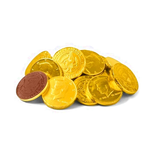 The Snackery Large Solid Premium Milk Chocolate Coins, Kennedy Half Dollar Wrapped in Gleaming Gold Foil, 130 Pieces Made in Europe Coins