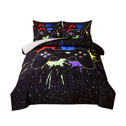 akkialla Gamer Comforter Sets Full Size for Boys Teen,Game Controller Colorful Comforter with 2 Pillowcases,Soft Microfiber Video Gaming 3 Piece Bedding Set for Game Lovers,All Season(Black,Full)