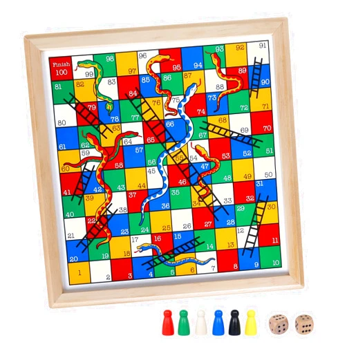 Gothink Wooden Snakes and Ladders Game - 13 Inch Educational Board Game for Kids and Adults - Classic Board Game Includes 6 Counters & 2 Dice, Rules