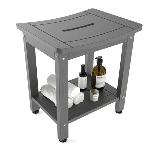 Y&M Shower Benches for Inside Shower to Sit On, HDPE Indoor Shower Seat for Adults Waterproof Outdoor Shower Chair Bathroom Rest Foot Stool with Storage Shelf, Gray
