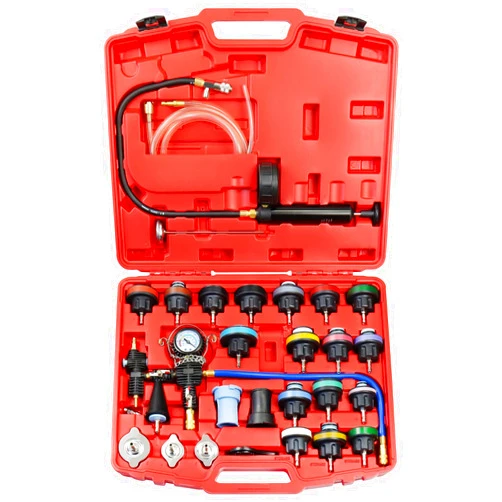 YSTOOL Radiator Pressure Tester Pneumatic Vacuum Type Purge Refill Kit Universal Automotive Cooling System Water Tank Leak Test and Coolant Fill Tool 28PCS Set with Adapters Gauge Red Case