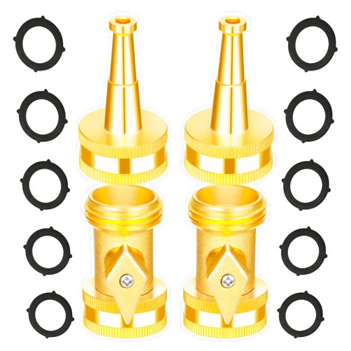 AUTOMAN Brass Hose Nozzle - High Pressure Jet Nozzle 4 Count (2 Set), Heavy Duty Water Hose Sprayer Sweeper with Hose Shutoff Valve, 3/4” GHT Nozzles for Garden Hose, Car Wash, Extra 10 Rubber Washers