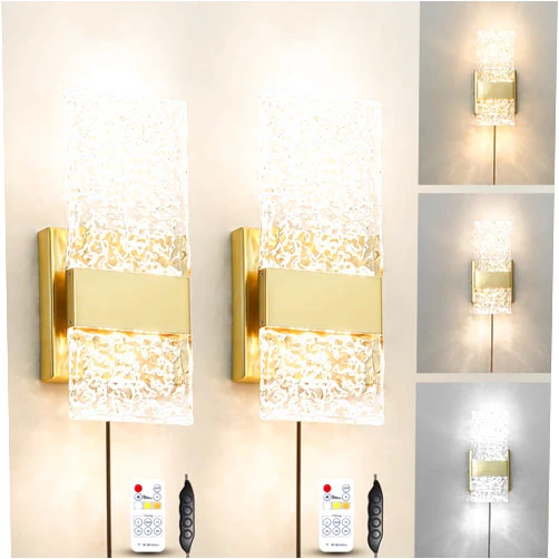 Ditoon Plug in Wall Sconces Set of 2, Brass Gold Plug in Wall Light, 6W 3000K-5000K Plug in Wall Lamp, Dimmable Acrylic Sconces Wall Lighting for Bedroom Bedside, Wall Mounted Light with 6F Plug in Cord
