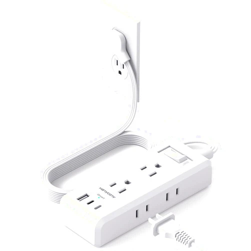 HANYCONY Flat Plug Power Strip, Ultra Thin Extension Cord, 6 Outlets 3 USB Ports(2 USB C), 5ft Multiple Outlet Extender with Wall Mount No Surge Protector for Dorm Room, Cruise, Travel Essentials