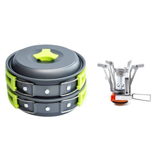MalloMe Camping Cookware Mess Kit with Backpack Stove - Camping Cooking Set - Camping Pot and Pans Backpacking Gear- Hiking Stove/Backpacking Stove - Camp Accessories Equipment