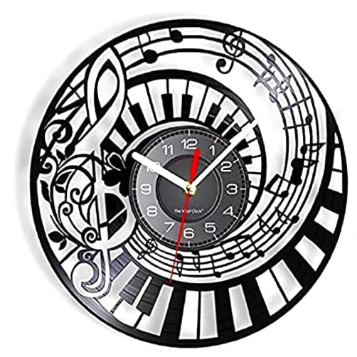 LKCLOCK 12 Inch Round Wall Clock Treble Clef Piano Keys Vinyl Album Record Wall Clock for Music Studio Musical Re-Purposed Record Clock Retro Music Gift Gift