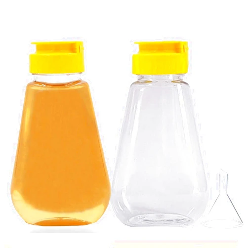 THYULIFE 2 Pack Empty Plastic Honey Bottles with Funnel, 200ml Squeeze Honey Jars Leakproof Honey Dispenser Flip Top Condiment Container for Ketchup Mustard Salad Dressing Sauce Syrup Oil Epoxy, BPA Free