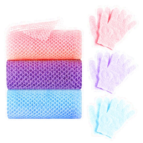 WSICSE 6 Pack African Net Sponge Exfoliating Glove Set, 3 Bath Sponge Body Scrubber Back Scrubber and 3 Pairs Exfoliating Gloves for Skin Smoother