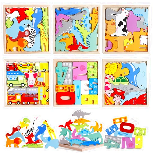CHIYR 6 Packs Vehicles Animals Numbers Dinosaur Sorting & Stacking Toys Wooden Blocks and Puzzles for 3 4 5 Years Old Boys & Girls Birthday Holiday Montessori Gifts Toys for Toddlers
