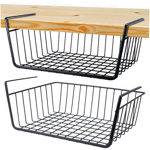 ELEATTRUN Undershelf Storage Basket Under Shelf Wire Basket Household Metal Under Shelf Hanging Storage Bin Basket Slides Under Shelves for Storage Space Saving for Kitchen Pantry Bookshelf (Medium, 2 PCS)