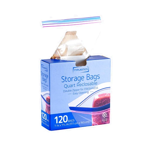TYPLASTICS Quart Food Storage Zip Bags, 120 Count, Double Zipper, Easy Open Design, Reclosable
