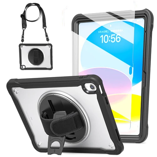 BLOSOMEET New iPad 10th Generation Clear Case 10.9 Inch 2022 with Tempered Glass Screen Protector & Pencil Holder,BLOSOMEET Kids Case for iPad 10th Gen A2696/A2757/A2777 with Stand Hand Shoulder Strap,Black