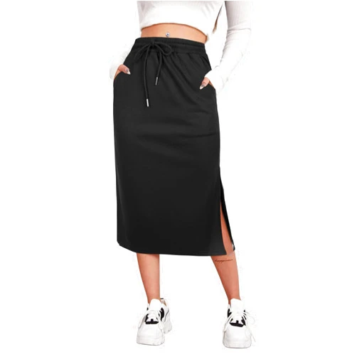 SOFIA'S CHOICE Women's Midi Skirt Drawstring High Waist Slit Skirts with Pockets