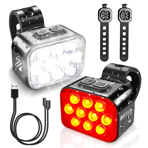 BUCKLOS Bike Lights Front and Back for Night Riding, 10 LED Ultra Bright 8+9 Modes USB Rechargeable Bicycle Headlight and Taillight, IPX6 Waterproof 1100mAh Bike Light Set, 35 Hrs Long Battery Life