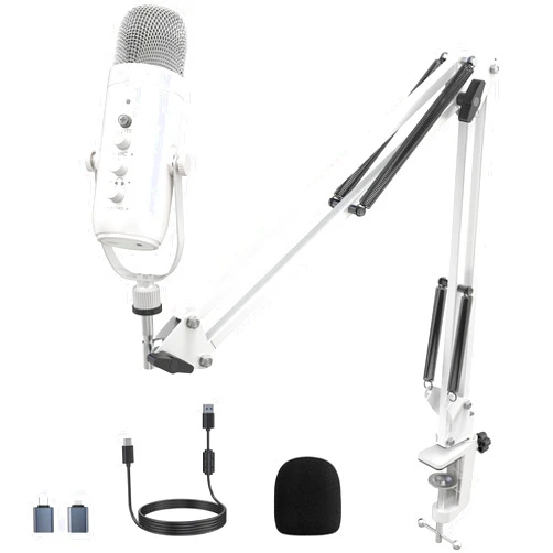 ZealSound Gaming Microphone Kit,Podcast Condenser USB Mic with Boom Arm,Supercardioid Microphone with Mute Button,Echo Volume Gain Knob,Adjust Monitor for Phone PC Computer (White)