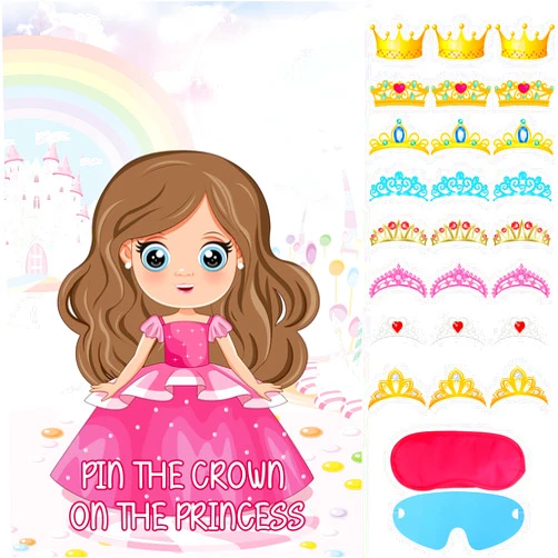 Hxezoc Pin The Crown on The Princess Party Games with 24 Pcs Crowns, Large Princess Party Games Poster for Girls Kids Princess Birthday Party Carnival Party Supplies