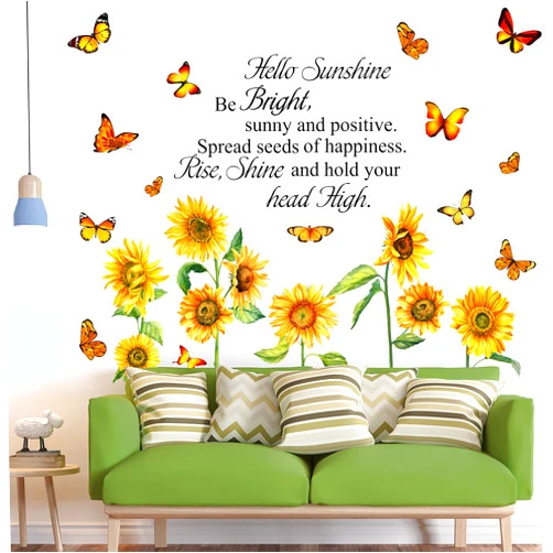 Chinco 6 Pcs Sunflower Wall Decals Flowers Wall Stickers Garden Butterfly Floral Wall Art Decor Removable Positive Saying for Home Bedroom Living Room Office TV Decoration